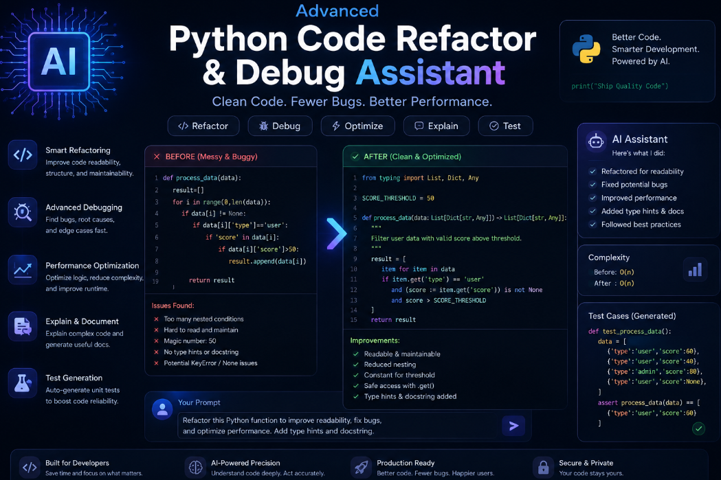 Advanced Python Code Refactor & Debug Assistant